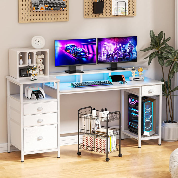 White Computer Desk with 4 Drawers, 60" Long Office Desk with Fabric File Cabinet and Power Outlets, Gaming Desk with LED Lights, Study Writing Work Desk with Shelf for Home Office