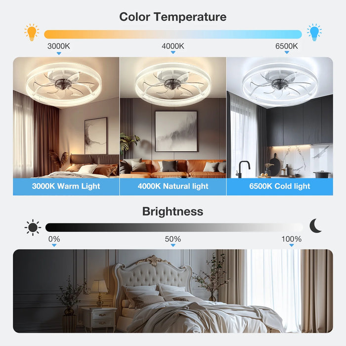 Flush Mount Ceiling Fan with Lights, Remote & APP Control, 20'' Low Profile Ceiling Fan, 3 Color Dimmable and 6 Speeds, Reversible Modern Ceiling Fan for Bedroom and Living Room, A-White