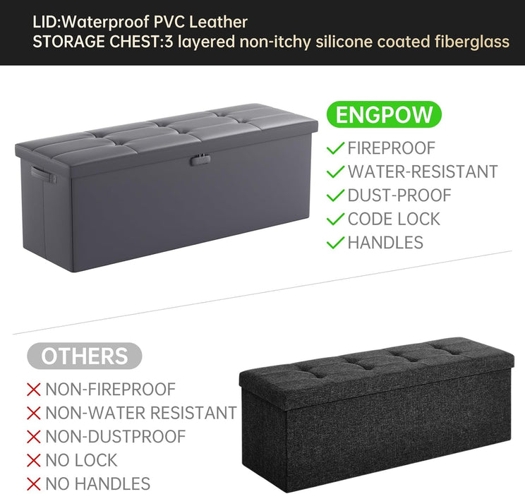 Storage Ottoman, Fireproof Folding Bench with Lock(15”X 43”X15”), Water-Resistant ＆ Heat Insulation Large Storage Chest with Handles＆2 Extra Spaces Safe for Living Room, Bedroom, Home, Grey