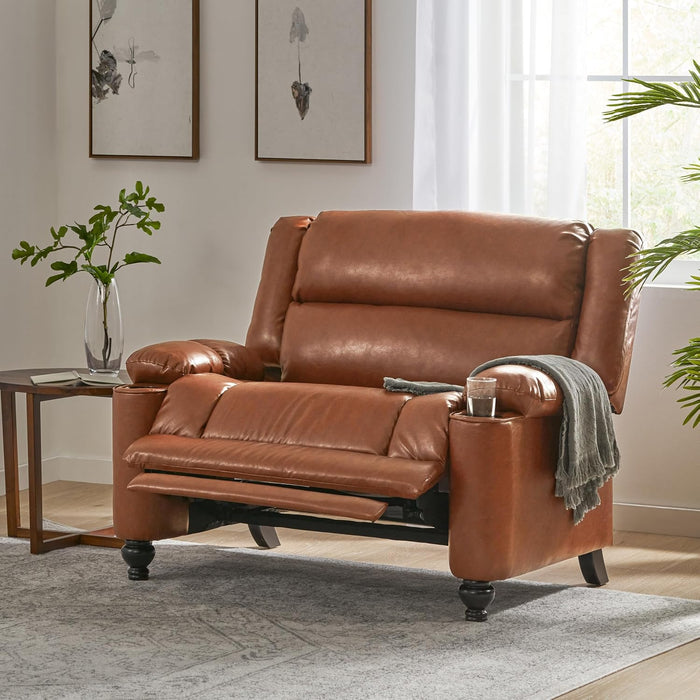 Carlo Oversized Manual Recliner Chair with Cup Holder, Faux Leather Recliner Sofa, Modern Reclining Accent Chair, Sturdy Wooden Frame, Brown
