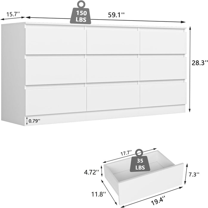 White 9 Drawer Dresser for Bedroom,Modern Deep Drawer Dresser with No-Handle Design,Wide Storage Chest of Drawers,Wood Bedroom Storage Organizer Furniture for Closet,Hallway