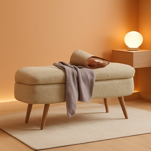 Storage Ottoman Bench 43" Ottoman Bench for Bedroom, Upholstered Boucle Fabric Footrest End of Bed with Safety Hinge Solid Wood Legs Foot Stool Storages Benches for Living Room Entryway, Brown