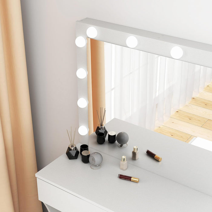 Vanity Desk with Mirror and Lights, Vanity Set Makeup Vanity Table with Adjustable Lights One Drawer Storage Makeup Table with Stool Vanity Desk for Bedroom (White)