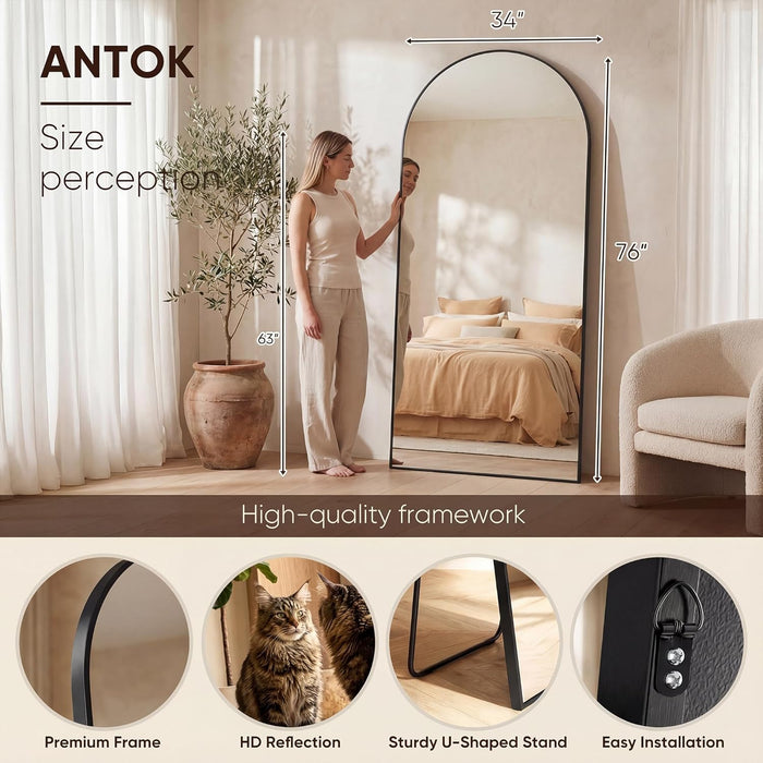 Full Length Mirror, 76"X34" Floor Mirror, Arched Floor Standing Freestanding Arch Full Body Mirrors with Stand for Bedroom, Hanging Mounted for Living Room Cloakroom,Black