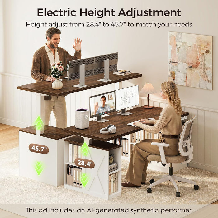 Farmhouse 55 Inch Electric Standing Desk with Storage, Walnut+White