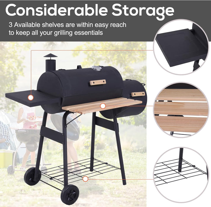 48" Steel Portable Charcoal Grill with Offset Smoker,Stainless Steel Barbecue Grill with Wheels for Patio BBQ Cooking, Camping