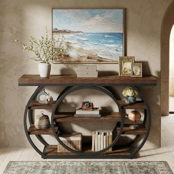 47” Console Table, Industrial 5-Tier Entryway Table with Metal Frame, Narrow Console Sofa Table for Living Room, Hallway, Rustic Brown