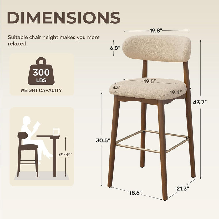 Counter Height Bar Stools, Solid Wood Barstools,30.5" Set of 3 | Curved Back & Metal Footrest,Premium Fabric Upholstered Mid Century Modern Bar-Chairs for Kitchen Island, Oatmeal
