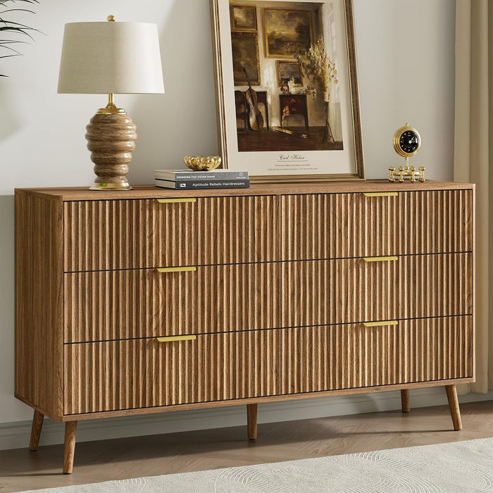 55" Wide Fluted Dresser for Bedroom with 6 Drawer, Modern Chest of Drawers with Curved Profile Design and Metal Handles, Wood Dresser TV Stand & Storage Organizer for Living Room, Walnut