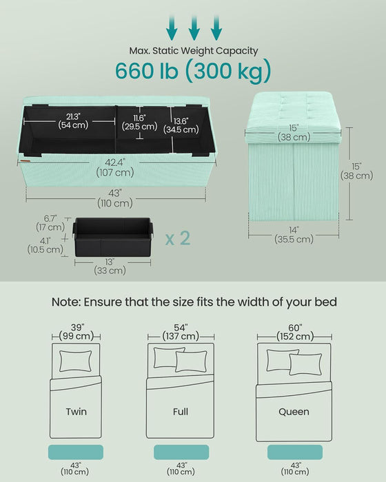 MAZIE Collection - Storage Ottoman Bench, Foldable Foot Rest, 15 X 43 X 15 Inches, End of Bed Bench, Storage Chest, Load 660 Lb, Living Room, Bedroom, Entryway, Moonlight Green ULSF604C01