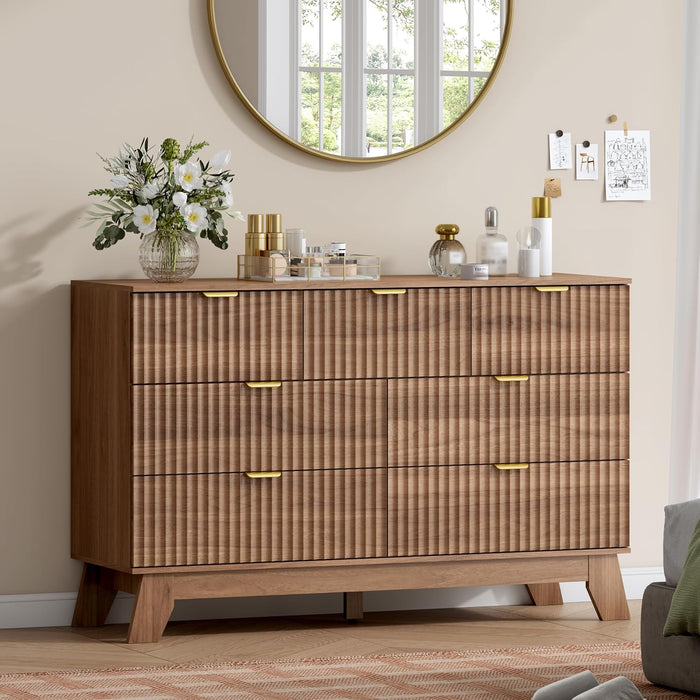 7 Drawer Fluted Dresser for Bedroom, Mid Century Modern Wooden Dresser with 7 Drawers, Dressers & Chests of Drawers with Metal Handle, TV Stand & Storage Organizer for Entryway, Hallway, Walnut