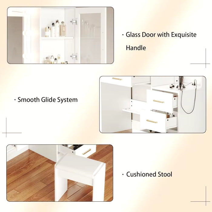 58.3" Large Desk Mirror &; ,Makeup Vanity with 10 LED Lights,8 Metal Sliding Drawers & 2 Cabinets,White