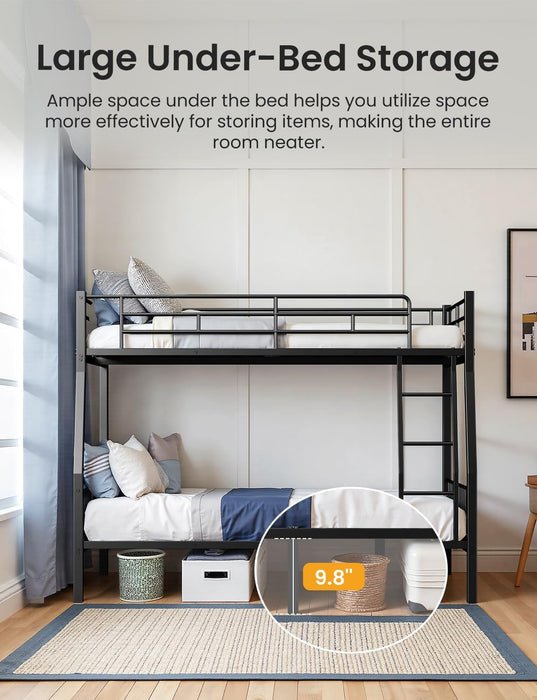 Full XL over Queen Bunk Beds for Adults, Heavy-Duty Metal Bunk Bed Frame with Non-Slip Ladder and Safety Full-Length Guardrails for Kids Teens Adults, Space-Saving, Black