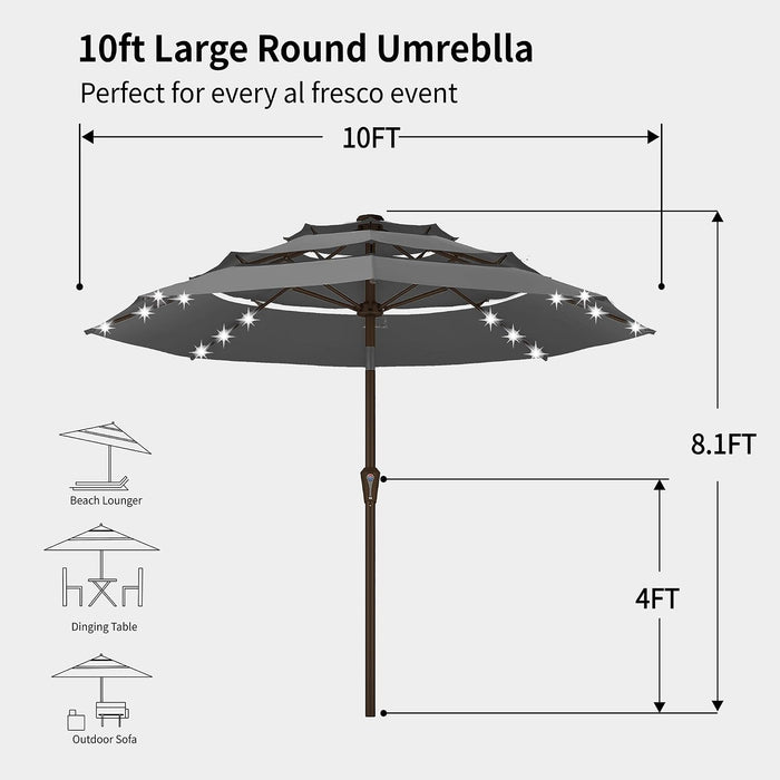 10Ft 3-Tier Patio Umbrella with Solar Lights, Table Umbrella Outdoor Patio with Easy Crank & Tilt, 8 Sturdy Ribs, UV Protection, 32 LED Lights for Deck, Poolside, Market (Grey)