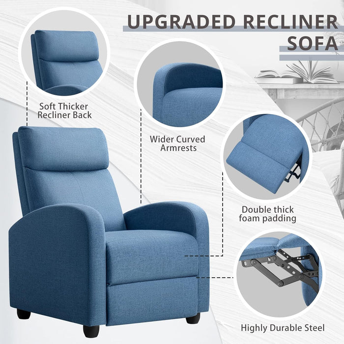 Recliner Chair Adjustable Home Theater Single Recliner Sofa Furniture with Thick Seat Cushion and Backrest Modern Living Room Recliners (Fabric, Light Blue)