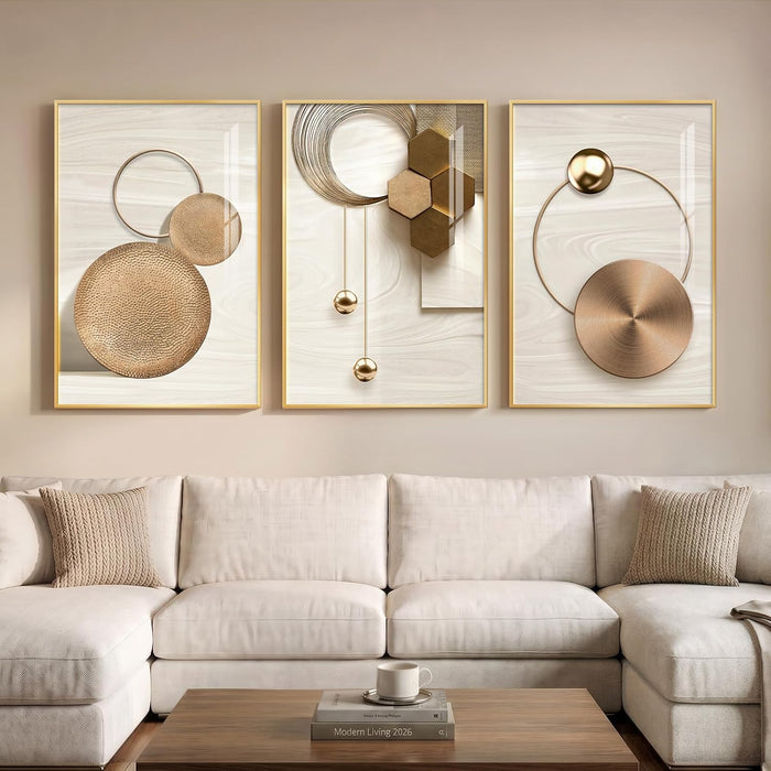 Large Framed Modern Luxury Gold Wall Art for Living Room, 3 Piece 24X36 in | Bright Style Art Prints, Golden Geometric Pictures, Crystal Coating Wall Art, Fade Resistance Prints for Bedroom Dining Room