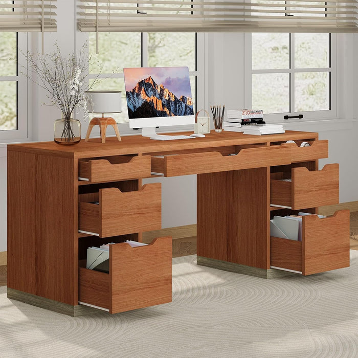 54Inch WalnutFinish ExecutiveDesk With Seven Drawers
