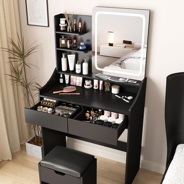 Vanity Desk with LED Light Mirror and Charging Station, Small Cute Vanity Set with 4 Storage Shelves 2 Drawers, Vanity for Girls Women with Storage Stool, Vanity Table for Bedroom (Black)