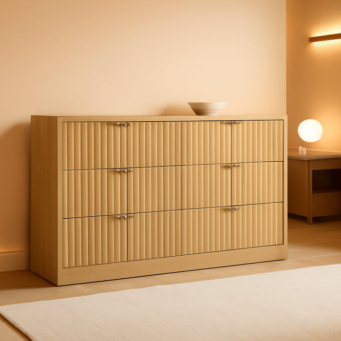 Fluted 6 Drawer Dresser for Bedroom, Wide Modern Chest of Drawers with Metal Handle, Curved Profile Design, Wood Closet Clothes Storage Organizer for Bedroom, Hallway, Natural