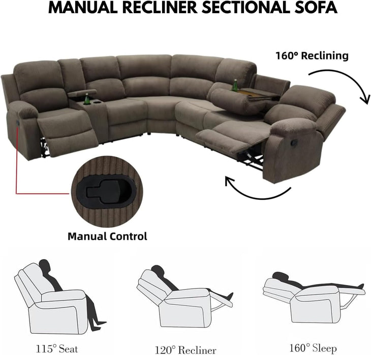 Manul Recliner Sectional Sofa for Living Room, Corduroy Fabric Sectional Reclinig Couch L Shape Recliner Sofa with Cup Holders, Storage Console and Drop down Table (Peanut)