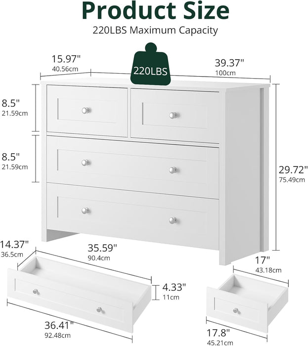 White Four Drawer Dresser With Contemporary Finish