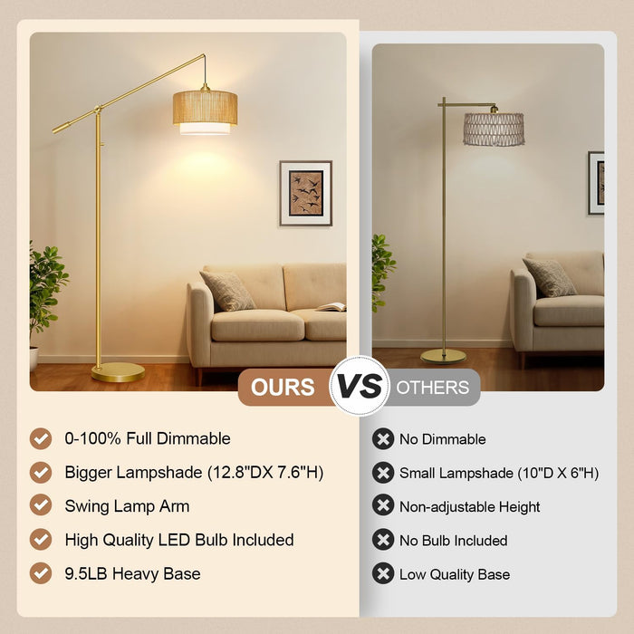 【Upgraded】Arc Floor Lamp for Living Room, Boho Dimmable Swing Arm Floor Lamp with Rattan & Fabric Shades, Gold Rattan Standing Lamp with 11W Bulb, Farmhouse Adjustable Tall Lamp for Bedroom Office