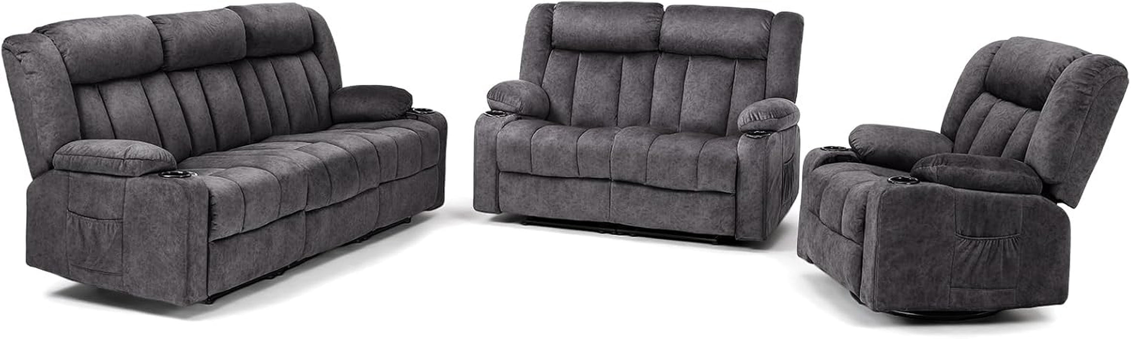 Manual Recliner Chair Set，Fabric Reclining Sofa Chair with Cup Holders, Upholstered Recliner with Side Pockets Suitable for Living Room Furniture (3+2+1)