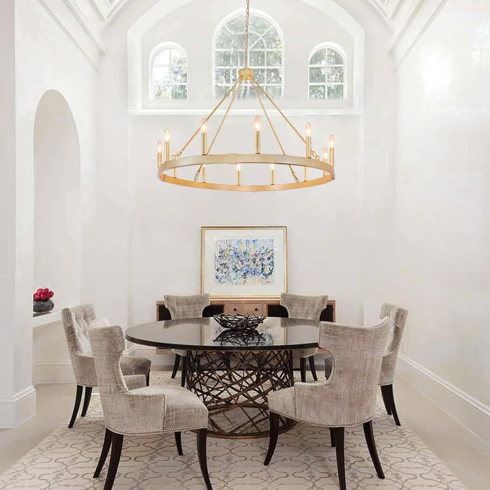 Gold Wagon Wheel Chandelier 37.4 Inch, 12-Light Large round Industrial Gold Farmhouse Chandeliers for High Ceilings Dining Room Living Room Foyer Entryway Outdoor Porch