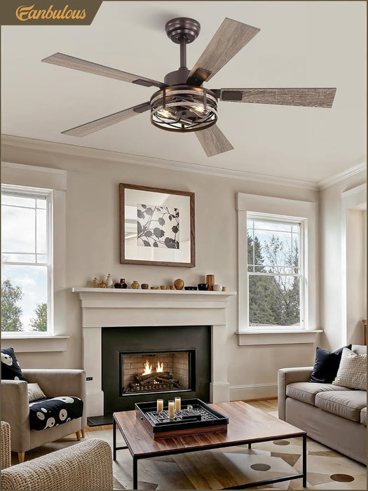 48" Farmhouse Ceiling Fans with Light & Remote, 6-Speed Caged