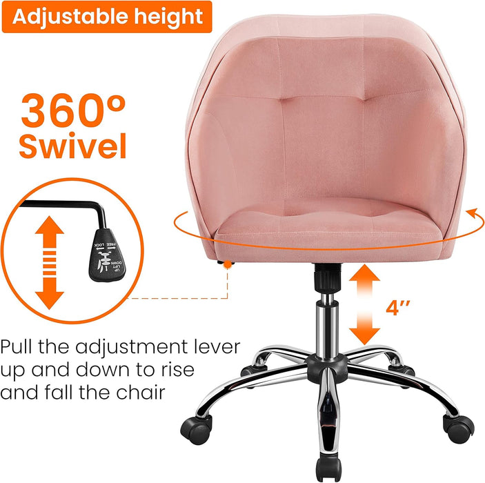 Comfy Desk Chair Cute Office Chair Pink Velvet Desk Chair Makeup Chair Vanity Chair with Back, Modern Swivel Computer Chair Accent Chair for Bedroom