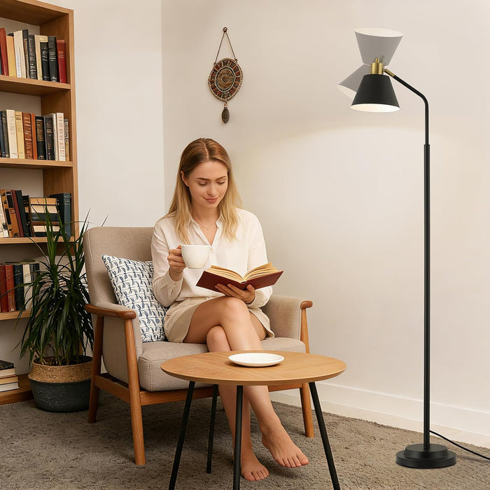 65.3" Floor Lamps for Living Room, Black Floor Lamp for Bedroom, Dual-Base Industrial Standing Lamp, Adjustable-Head Corner Lamp, Modern Tall Lamp, Living Room Light, Bulb Included, Black