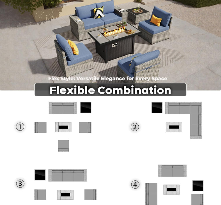 7 Pieces Patio Furniture Set, Outdoor Wicker Sectional Sofa with 42 Inch Fire Pit Table Comfy Cushions, Modern Modular Deep Seat Rattan Couch Conversation Set, Denim Blue