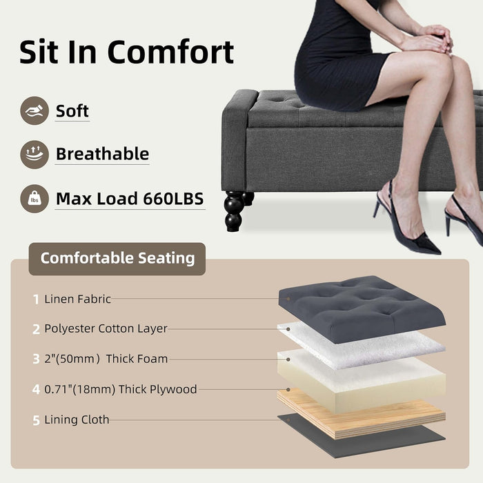 50" W Storage Ottoman Bench with Safety Hinge, Load up to 660 Lb Ottoman with Storage, Upholstered Tufted Entryway Bench with Seating for Living Room, Bedroom, Entryway, Dark Gray