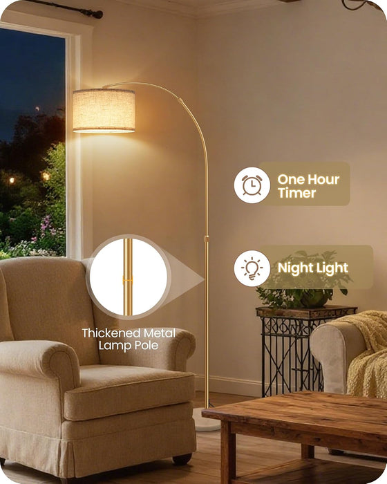 75" Dimmable Gold Arc Floor Lamp with Marble Base, Adjustable Height, Beige