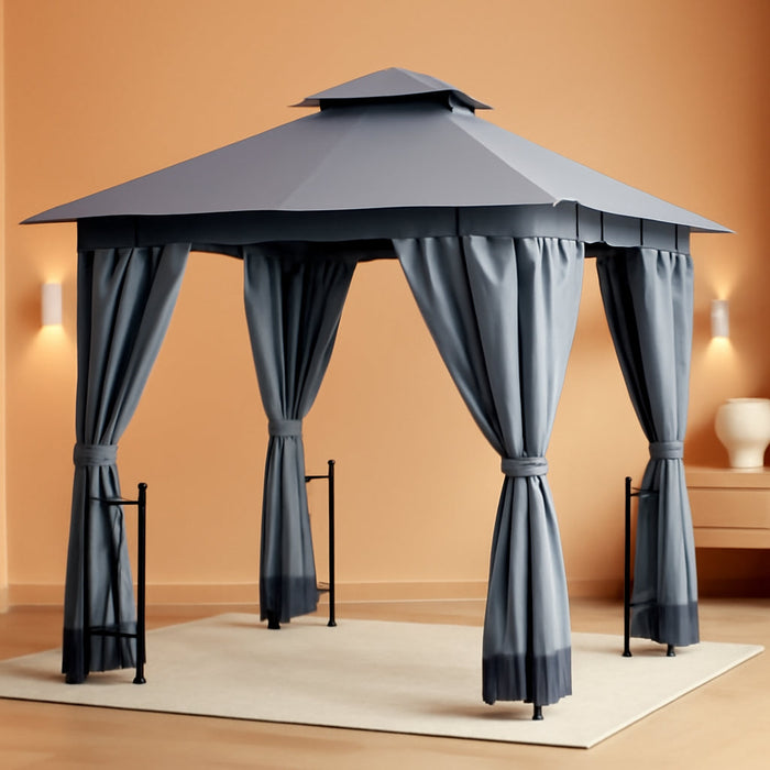 11' X 13' Patio Gazebo, Double Roof Outdoor Gazebo Canopy Shelter with Netting & Curtains, Steel Corner Columns for Garden, Lawn, Backyard and Deck, Gray