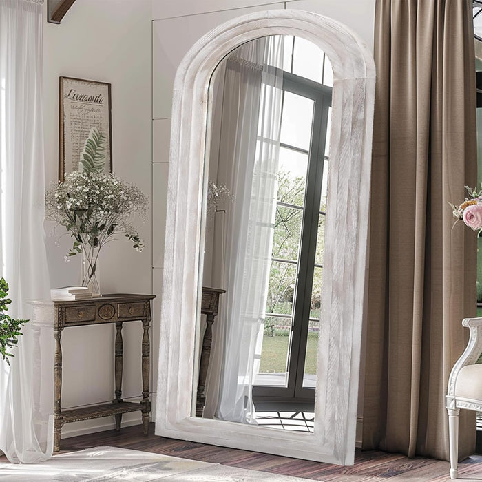 Arched Full Length Mirror with Solid Wood Frame, 71X32 Farmhouse Wall Mirror Full Length with Stand, Vertical Hanging, Leaning Standing for Bedroom, Living Room, Rustic White