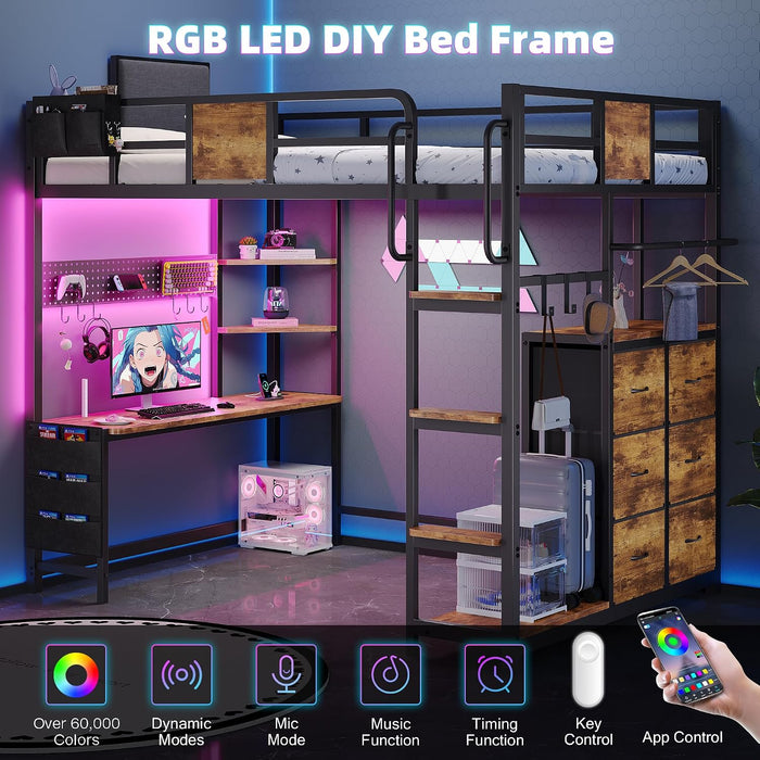 Twin Loft Bed with Desk, Twin Bed Frame with 6 Storage Drawers, 2 Bedside Organizer,3 Movable Hooks,Led Lights & Charging Station,Bunk Bed with Desk, Clothes Rack,Safety Guardrail,Rustic Brown
