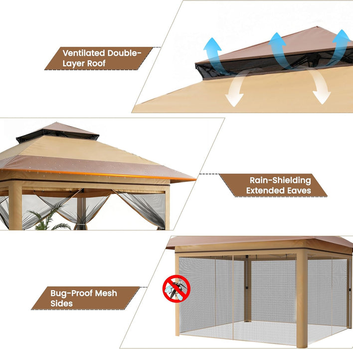 13X13 Pop up Gazebo, Instant Outdoor Gazebo with Mosquito Netting, Vented Roof and Carry Bag for Patio, Garden & Backyard - Beige & Coffee