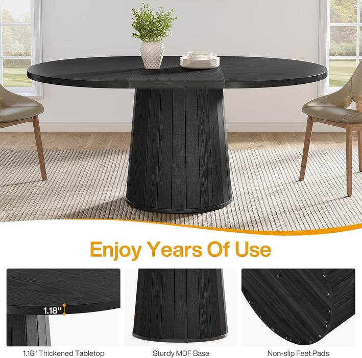 Oval Dining Table for 6 People, 55.11-Inch Farmhouse Kitchen Dinner Table with Cylindrical Pedestal (All Black)