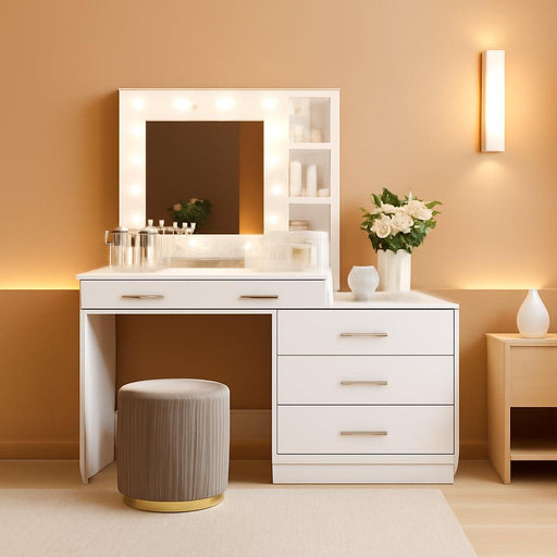 61" Vanity Desk with Mirror & Lights, White Makeup Dressing Table with 8 Drawers & 2 Shelves, 3 Lighting Modes with Adjustable Brightness for Bedroom, White