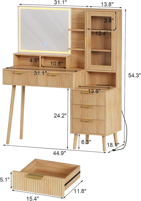 Vanity Desk with LED Lights Mirror & Power Outlet, Big Modern Fluted Vanity Desk with 24 in Hd Lighted Mirror, 5 Drawers and Storage Shelf, Dressing Table for Women Girls