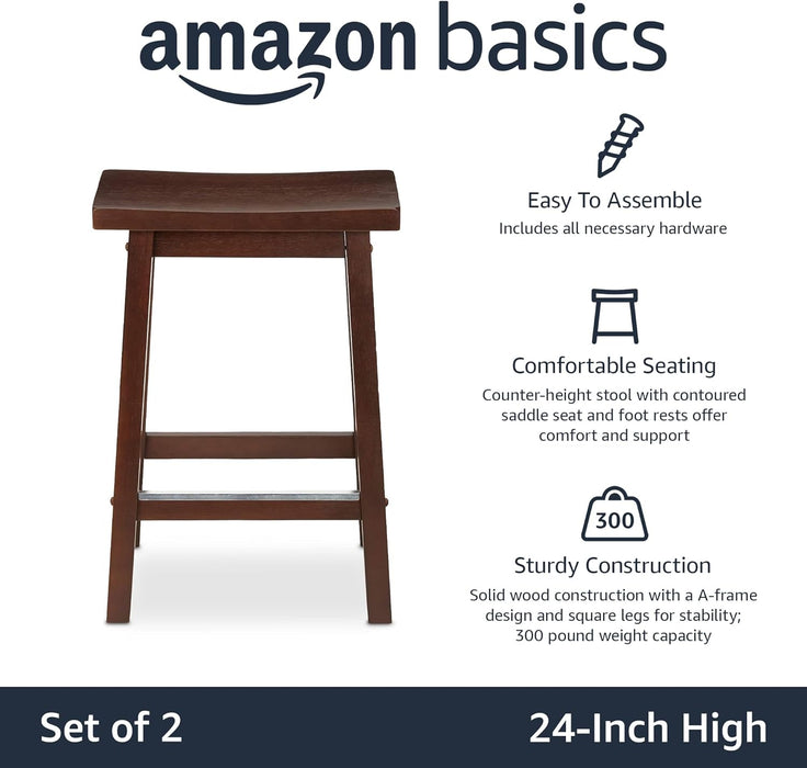 Solid Wood Saddle-Seat Kitchen Counter-Height Stool, 24-Inch Height, Walnut Finish - Set of 2
