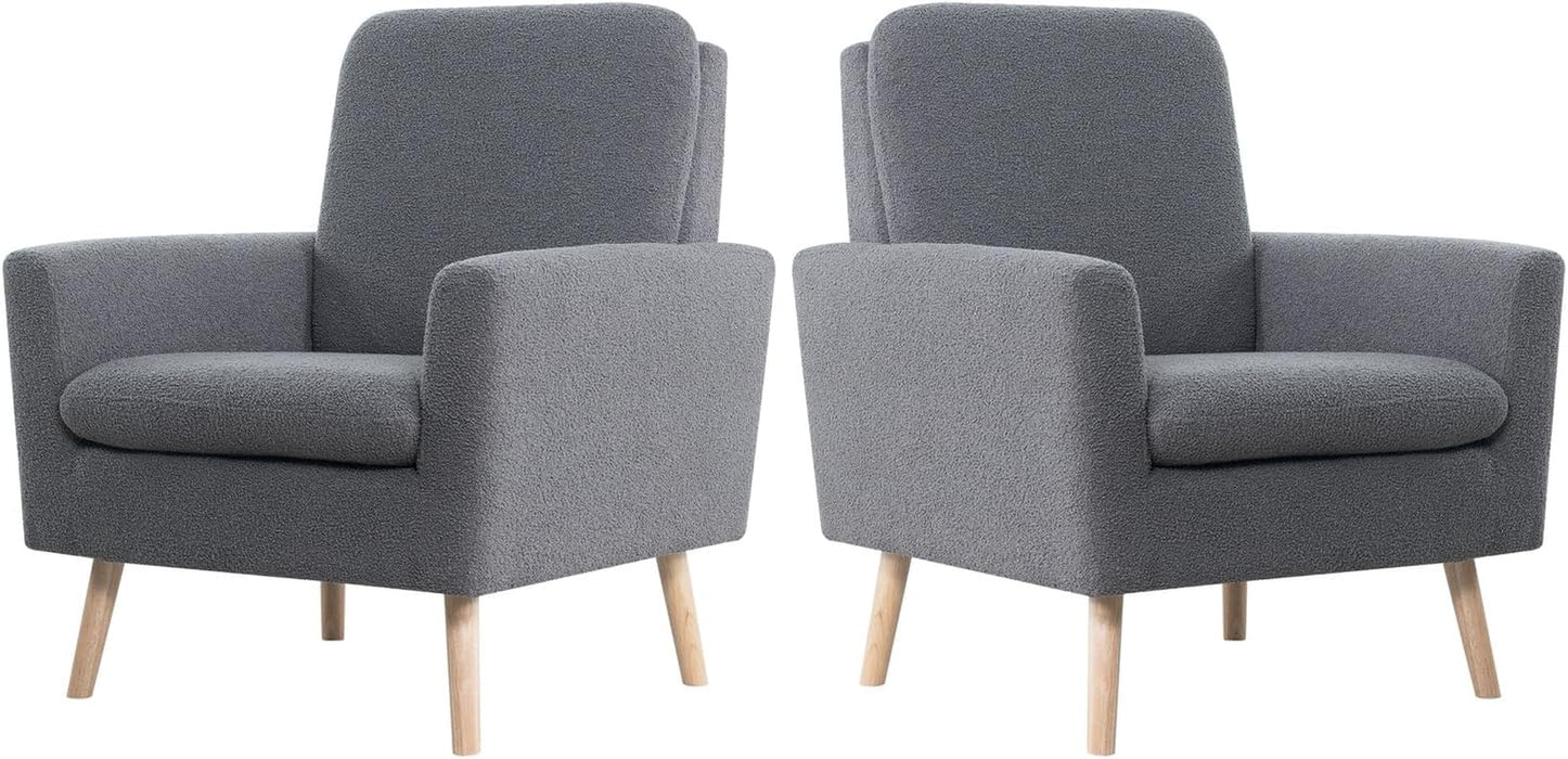 Frida Mid-Century Modern Chair, Durable Wood Frame Accent Chairs for Living Room, Reading Chair with Armrest, Soft Teddy Fleece Accent Chair for Bedroom, Oak Legs Armchair - Gray