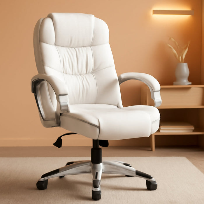 Office Chair High Back Computer Desk Chair, PU Leather Adjustable Height Modern Executive Swivel Task with Padded Armrests and Lumbar Support (White)