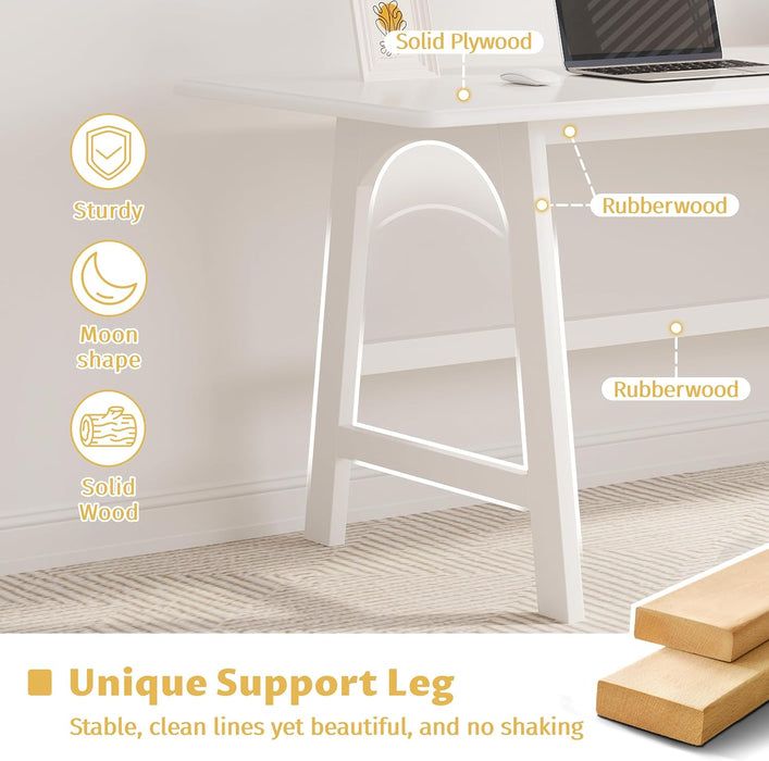 Solid Wood Writing Table - 72" W Minimalist Long Computer Desk, White