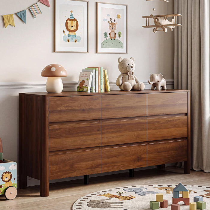 Walnut Dresser for Bedroom, 63" Mid-Century 9 Drawer Dresser with Wide Drawers and Wood Legs, Curved Edge Design, Modern Large Dressers & Chests of Drawers for Bedroom, Hallway.