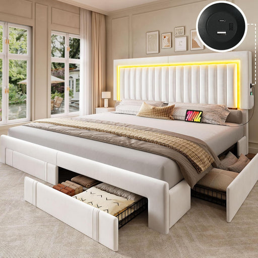 King Size Bed Frame with Adjustable Headboard, 4 Storage Drawers and RGB LED Lights, Velvet Upholstered Platform Bed with USB Ports, No Box Spring Needed, Fast Assembly, Noise-Free, White