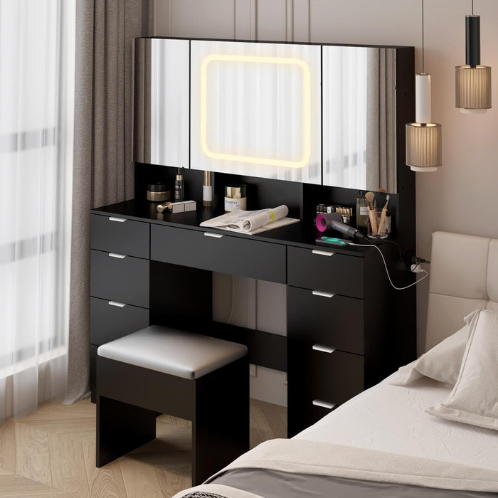 Large Vanity Table Set with 3 Opening Mirrors & LED Lights, Makeup Desk with 9 Drawers, 3 Hidden Cabinets and Charging Sockets, Upholstered Bedroom Stool
