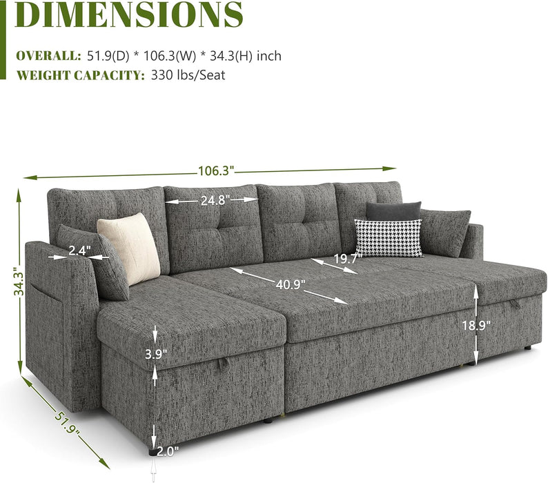 Oversized Sleeper Sofa Couch, 110 Inch 2 in 1 Pullout Couch Bed with Double Storage Chaise, Sectional Sleeper Sofa Bed with Side Pocket for Living Room, Dark Grey