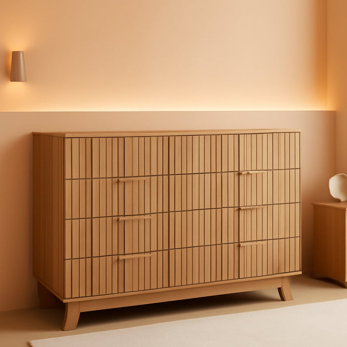 Fluted Dresser for Bedroom with 7 Drawers, 48" Wide Modern Chest of Drawers with Metal Handle, Wood Dresser TV Stand, Wooden Closet Clothes Storage Organizer for Living Room, Hallway, Natural Oak